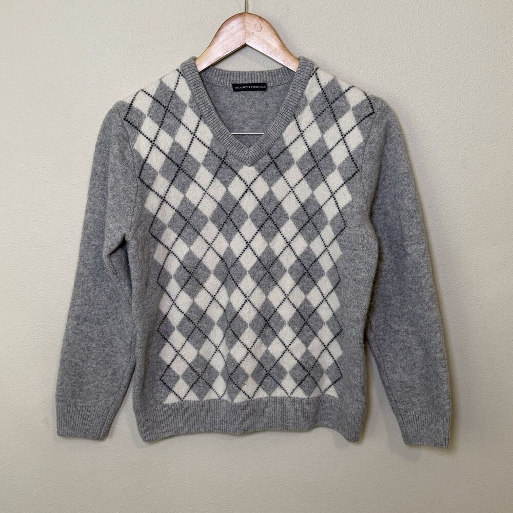 Brandy Melville Preppy Argyle Wool Sweater Jumper V Neck Gray One Size
